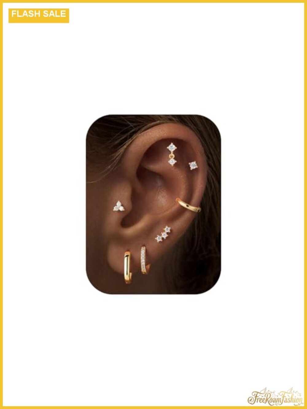 14K Gold-Plated Hypoallergenic CZ Stud Hoop Earring Set for Women, 7-Piece Stack